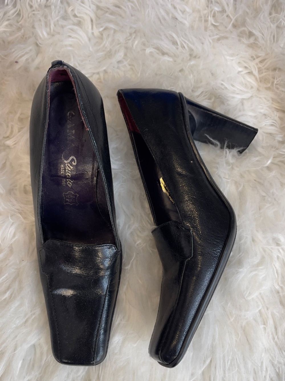 ‼️Made in Italy Black Leather Square-Toe Block Heel Pumps